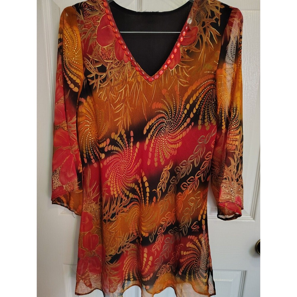 Women’s Multicolor Sheer Chiffon Floral V-Neck 3/4 Sleeve Beaded Tunic